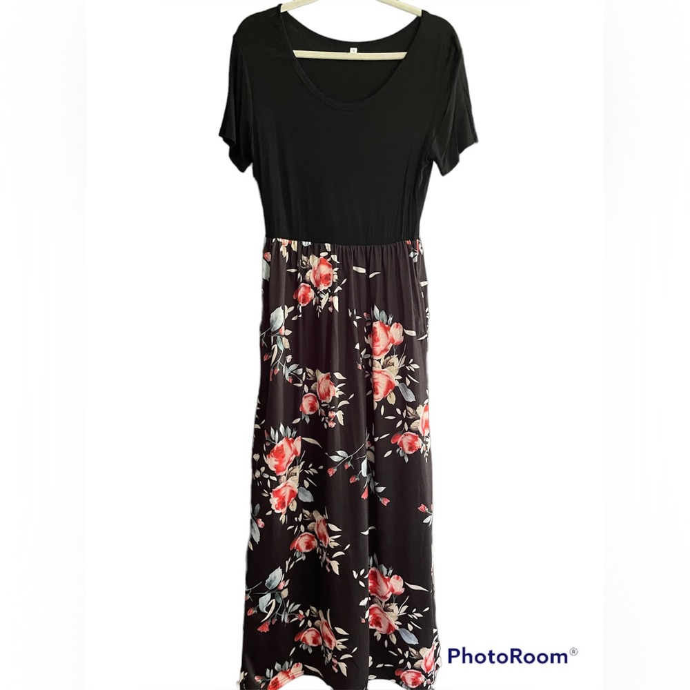 Women Short Sleeve Long Maxi Dress - Rose Black